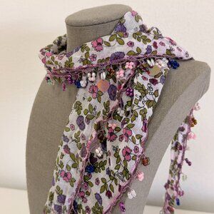 Traditional Turkish Oya Neck Scarf Bead, Needle Lace Violet & White Lawn Cotton